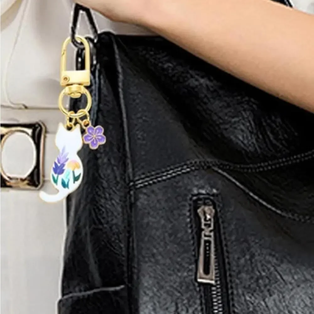 Cat Key Chain Purse Charm Women’s Gold Floral Animal Print - Picture 3 of 4